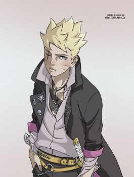 belt blonde_hair blue_eyes boruto:_two_blue_vortex chain hands_in_pockets highres jacket naruto_(series) one_eye_closed simple_background sword tattoo uzumaki_boruto weapon