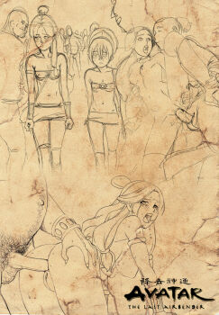 anal artist_request ass avatar:_the_last_airbender avatar_legends breasts clothed_sex flat_chest hetero highres katara large_breasts loli monochrome multiple_girls penis pussy rape sex sokka tagme tekuho_no_habo toph_beifong uncensored vaginal