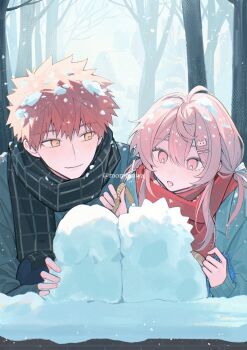 Rule 34 | 1girl, bare tree, blush, christmas, cold, couple, emiya shirou, fate/stay night, fate (series), gaoyue jixiang, groom, highres, long hair, momomiya shizuku (gaoyue jixiang), oc x canon, orange hair, original, outdoors, pastels, pink eyes, pink hair, red hair, red scarf, scarf, smile, snow, snowing, snowman, tree, winter, winter clothes
