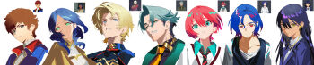 3girls 4boys absurdres amate_yuzuriha amuro_ray aqua_hair blonde_hair blue_coat blue_eyes blue_hair brown_hair cape challia_bull char_aznable character_request check_character coat collarbone collared_cape curtained_hair dark-skinned_female dark_skin diagonal-striped_clothes diagonal-striped_necktie earphones facial_hair forehead green_eyes green_jacket gundam gundam_gquuuuuux hair_between_eyes head_tilt highres incredibly_absurdres jacket lalah_sune long_image mobile_suit_gundam multiple_boys multiple_girls mustache necktie nyaan_(gundam_gquuuuuux) orange_necktie parted_bangs purple_hair purple_jacket red_eyes red_hair shirt short_hair shuji_ito simple_background striped_clothes upper_body white_background white_shirt wide_image xindongfang_chaocai_dashi yellow_cape