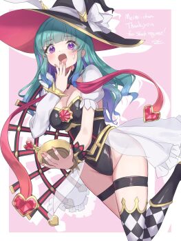 1girl animal_ears asymmetrical_clothes asymmetrical_legwear asymmetrical_sleeves black_leotard blush bow breasts checkered_thighhighs cleavage cosplay glitch_stars green_hair hat heart highres holding holding_pocket_watch leotard long_hair long_sleeves majokko_meimi maliss_&lt;p&gt;_white_rabbit maliss_&lt;p&gt;_white_rabbit_(cosplay) medium_breasts memento_vivi multicolored_hair open_mouth pink_nails pocket_watch purple_eyes purple_hair rabbit_ears short_sleeves solo sweat thigh_strap watch white_bow witch_hat yu-gi-oh!