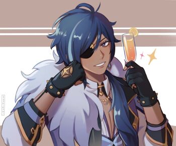 1boy arms_up black_gloves blue_eyes blue_hair champagne_flute collared_shirt commentary cup dark-skinned_male dark_skin drinking_glass english_commentary eyelashes eyepatch fur_trim genshin_impact gloves hair_between_eyes head_rest highres holding holding_cup jacket kaeya_(genshin_impact) kookirani lapels looking_at_viewer male_focus notched_lapels one_eye_covered parted_bangs shirt side_ponytail sleeve_cuffs smile solo upper_body white_fur white_shirt wing_collar