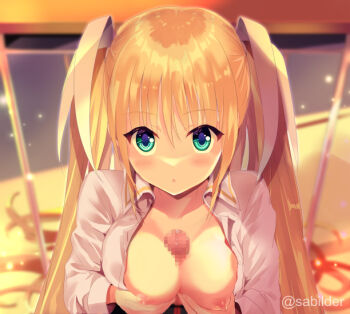 1boy 1girl aqua_eyes blonde_hair blurry blurry_background blush breasts censored classroom cleavage commentary_request commission dress_shirt dusk eyes_visible_through_hair grabbing_own_breast hair_between_eyes hair_ribbon hetero indoors large_breasts light_particles little_busters! long_hair long_sleeves looking_at_viewer mosaic_censoring nipples no_bra open_clothes open_shirt paizuri parted_lips penis pov pov_crotch precum ribbon sabi_(sabilder) shirt sidelighting signature skeb_commission solo_focus straight_hair textless_version tokido_saya two_side_up upper_body upturned_eyes variant_set very_long_hair white_ribbon white_shirt