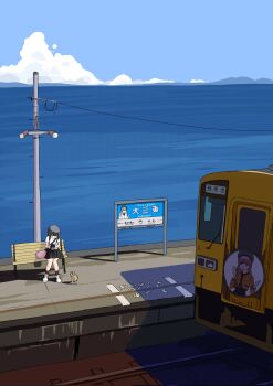 1girl blue_sky cloud commentary_request day highres horizon isonami_(kancolle) isonami_(photographer)_(kancolle) kantai_collection long_hair ocean ooi_(kancolle) outdoors power_lines scenery sign sitting sky solo toplow train utility_pole