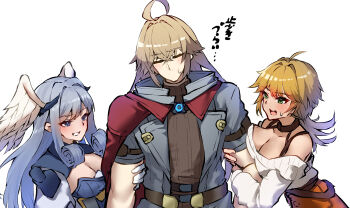 1boy 2girls absurdres ahoge arm_hug blonde_hair breast_press cape curly_hair fiora_(xenoblade) girl_sandwich green_eyes grey_hair head_wings highres melia_antiqua multiple_girls red_cape sandwiched shulk_(xenoblade) siebolds_demon simple_background sweatdrop wings xenoblade_chronicles_(series) xenoblade_chronicles_1 xenoblade_chronicles_3 xenoblade_chronicles_3:_future_redeemed
