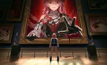 2girls black_gloves dress dual_persona evernight_(honkai:_star_rail) from_behind gloves hair_between_eyes half_gloves hashtag-only_commentary highres honkai:_star_rail honkai_(series) long_hair long_sleeves looking_at_another march_7th_(honkai:_star_rail) march_7th_(preservation)_(honkai:_star_rail) multiple_girls parted_lips pink_hair red_eyes silence_girl single_bare_shoulder smile standing very_long_hair