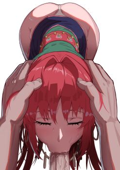 1boy 1girl :>= ass bent_over blush censored closed_eyes clothes_lift dress dress_lift elle_(tenchi_souzou) fellatio huge_ass jewelry long_hair necklace oral panties penis pllona12 pov precum puffy_cheeks red_hair saliva sash sidelocks skirt skirt_lift sweat tenchi_souzou transparent_background underwear white_panties