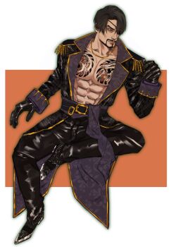 1boy abs bare_pectorals black_gloves black_hair commentary curtained_hair english_commentary epaulettes eyepatch facial_hair gloves goatee gold_necklace highres irezumi jewelry leather leather_gloves majima_goro male_focus muscular muscular_male necklace open_clothes pectorals pirate pirate_costume ryuu_ga_gotoku_(series) ryuu_ga_gotoku_8_gaiden sitting snake_print solo sotenborinpc tattoo