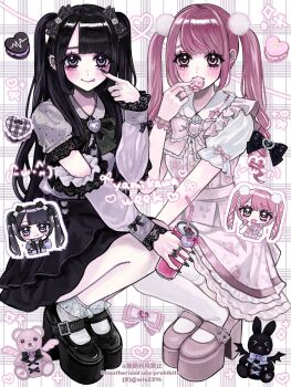 2girls black_eyes black_hair black_nails black_shoes black_skirt blush bow can chibi chibi_inset closed_mouth commentary detached_sleeves dress drinking_straw eating eyelid_pull food frilled_sleeves frilled_socks frills full_body grey_shirt hair_ornament heart highres holding holding_can holding_food jewelry jirai_kei looking_at_viewer min_(mts2314) multiple_girls multiple_rings original pink_bow pink_dress pink_eyes pink_hair pink_shoes pom_pom_(clothes) pom_pom_hair_ornament ring shirt shoes short_sleeves skirt smile socks squatting tongue tongue_out twintails two_side_up white_socks