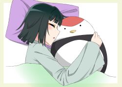 Rule 34 | 1girl, black hair, blunt bangs, blunt ends, blush, border, collared shirt, commentary request, grey shirt, head on pillow, highres, hugging doll, hugging object, link! like! love live!, long sleeves, love live!, lying, momose ginko, on side, outside border, shirt, short hair, simple background, solo, stuffed animal, stuffed toy, tetetsu (yuns4877), transparent border, under covers, upper body, virtual youtuber, white background, wide sleeves