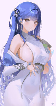 1girl absurdres arcana_(nikke) armpit_crease bare_shoulders blue_hair blunt_bangs breast_zipper breasts claws closed_mouth commentary_request covered_collarbone covered_groin cowboy_shot dress earrings from_side full-length_zipper goddess_of_victory:_nikke grey_eyes hair_intakes hair_ornament highres jewelry large_breasts light_blush long_hair long_sleeves looking_at_viewer nike_(nike1060) one_side_up pink_background sideboob silver_nails simple_background smile solo tight_clothes tight_dress very_long_hair white_dress zipper zipper_dress