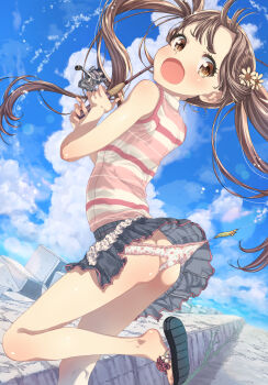 1girl accidental_exposure ass black_hair brown_eyes cherry_panties cherry_print cloud cloudy_sky commission day feet female_focus fish_hook fishing fishing_lure fishing_rod flip-flops flower food_print fruit_print hair_flower hair_ornament highres jojifuku loli looking_back original outdoors ozzzzy panties pink_trimmed_panties print_panties sandals shirt skirt sky sleeveless sleeveless_shirt solo strawberry_panties strawberry_print striped_clothes striped_shirt trimmed_panties twintails underwear water wedgie white_panties