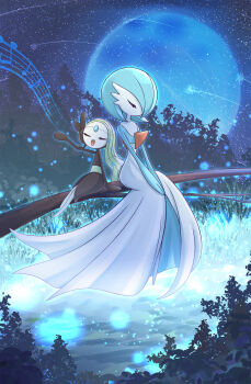 absurdres alternate_color closed_eyes colored_skin commentary_request gardevoir gen_3_pokemon gen_5_pokemon hand_up highres legendary_pokemon meloetta music musical_staff mythical_pokemon night nintendo no_feet on_branch open_mouth outdoors own_hands_together pokemon pokemon_(creature) shiboku_kimika shiny_pokemon singing sitting sitting_on_branch sky white_skin