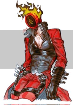 1boy black_vest chest_harness clock collarbone cosplay cowboy_shot dante_(devil_may_cry) dante_(devil_may_cry)_(cosplay) dante_(limbus_company) devil_may_cry_(series) fire genderswap genderswap_(otm) harness highres jacket labyrinth6868 limbus_company male_focus name_connection object_head pants project_moon red_jacket red_pants solo thigh_strap vest