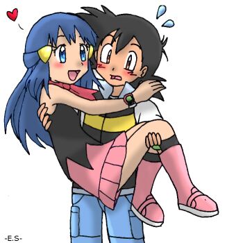 1boy 1girl ash_ketchum black_hair black_shirt black_socks blue_eyes blush boots carrying carrying_person dawn_(pokemon) endless-rainfall nintendo pink_boots pink_skirt pokemon pokemon_(anime) princess_carry shirt skirt smile socks