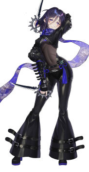 :d absurdres androgynous belt black_belt black_hair black_nails black_pants blue_eyes blue_scarf dual_wielding ear_piercing earrings hair_between_eyes highres holding holding_weapon ibex jewelry open_mouth original pants piercing platform_footwear scarf simple_background smile solo stitched_torso stitches weapon white_background