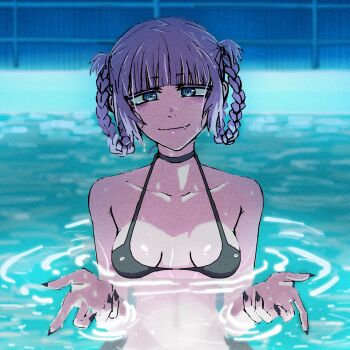 1girl absurdres bikini black_bikini black_nails breasts chainsaw_man collarbone fang hair_rings halterneck highres i&#039;ll_teach_you_everything_(chainsaw_man) looking_at_viewer nail_polish nanakusa_nazuna_(yofukashi_no_uta) partially_submerged pool purple_hair reiquant scene_reference solo swimsuit water yofukashi_no_uta