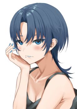Rule 34 | 1girl, absurdres, armpit crease, blue eyes, blue eyeshadow, blue hair, blue lips, blue nails, breasts, cleavage, commentary, english commentary, eyeshadow, hand on own chin, head rest, herzu, highres, hiodoshi ao, hololive, hololive dev is, light blush, looking at viewer, makeup, medium hair, mole, mole under mouth, simple background, solo, virtual youtuber, white background