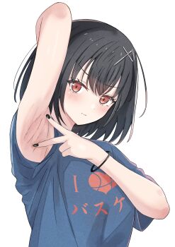 1girl absurdres arm_up armpit_focus armpits azakura_(beniyomogi) black_hair black_nails blue_shirt blush choppy_bangs closed_mouth clothes_writing commentary_request cross_hair_ornament fingernails hair_ornament highres looking_at_viewer nail_polish original presenting_armpit print_shirt red_eyes shirt short_hair short_sleeves simple_background solo spread_armpit straight_hair t-shirt translation_request v-shaped_eyebrows white_background