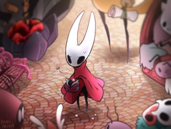 2girls arthropod_girl bano_akira beads bench blurry bug character_request cloak coin_purse commentary english_commentary fly holding holding_map hollow_knight hollow_knight:_silksong hornet_(hollow_knight) insect map map_(object) multiple_girls red_cloak shadow shakra_(hollow_knight) signature solo_focus sweat