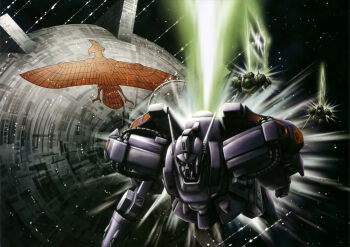 1990s_(style) artist_request cable crossbone_vanguard den&#039;an_zon emblem gundam gundam_f91 gundam_perfect_file logo machinery mecha mecha_focus mobile_suit no_humans official_art realistic retro_artstyle robot roundel scan science_fiction shot_lancer space thrusters traditional_media