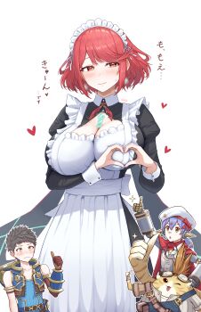 2boys 2girls absurdres apron blush breasts brown_hair chest_jewel cleavage commentary_request earrings four-finger_heart_hands frilled_apron frills heart heart_hands highres jewelry large_breasts looking_at_viewer maid maid_apron maid_headdress multiple_boys multiple_girls pyra_(xenoblade) red_eyes red_hair rex_(xenoblade) short_hair simple_background swept_bangs taro_(peach_taro51) tiara white_apron white_background xenoblade_chronicles_(series) xenoblade_chronicles_2