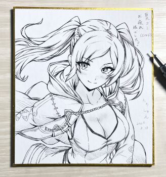 1girl art_tools_in_frame blush breasts cleavage closed_mouth collarbone commentary_request dated female_robin_(fire_emblem) fire_emblem fire_emblem_awakening from_above graphite_(medium) greyscale highres large_breasts looking_at_viewer looking_up monochrome nintendo photo_(medium) seishun_dendeke smile solo traditional_media translation_request twintails