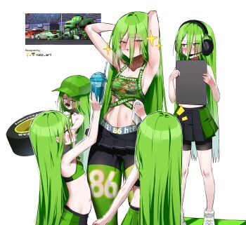 5girls :3 absurdres animification armpits artist_name bike_shorts_under_skirt black_pantyhose black_shorts black_skirt blush breasts cars_(movie) chick_hicks clipboard commentary cup disposable_cup drinking_straw english_commentary english_text fake_facial_hair fake_mustache genderswap genderswap_(mtf) green_hair hair_between_eyes half-closed_eyes hand_on_own_thigh headphones headset heavy_breathing highres holding holding_clipboard looking_at_another looking_at_viewer microskirt multiple_girls navel nisp_art one_side_up pantyhose pleated_skirt reference_inset ribbon shorts simple_background skirt small_breasts sparkle standing sweat trophy wheel white_background
