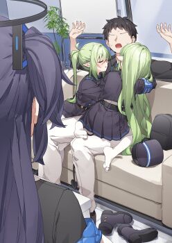 1boy 3girls absurdres armband black_tail blue_archive blue_armband demon_tail faceless faceless_male green_hair green_halo halo hands_up hat highres hikari_(blue_archive) multiple_girls nozomi_(blue_archive) pantyhose peaked_cap pointy_ears purple_hair sensei_(blue_archive) shoes siblings sisters sitting sitting_on_lap sitting_on_person sleeping tail twins twintails two_side_up unworn_headwear unworn_shoes white_pantyhose yukie_(kusaka_shi) yuuka_(blue_archive)