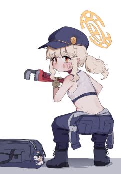 Rule 34 | 1girl, absurdres, alternate costume, aoba (blue archive), bag, black bag, black boots, black hat, black jacket, black pants, blue archive, blush, boots, brown gloves, brown hair, clothes around waist, commentary request, cropped shirt, from behind, gloves, hat, highres, holding, holding wrench, jacket, jacket around waist, korean commentary, long hair, looking at viewer, lulubelleiii, newsboy cap, orange eyes, pants, ponytail, sidelocks, solo, sports bra, stuffed toy, sweat, white background, white sports bra, wrench