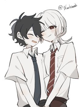 Rule 34 | 2boys, :d, absurdres, akinashi haru, blackseek, blue necktie, blush, collared shirt, highres, holding hands, low ponytail, male focus, multiple boys, necktie, one eye closed, open mouth, ponytail, red necktie, saihate eki, shirt, short sleeves, simple background, smile, tatsunami shion, upper body, white background, white shirt