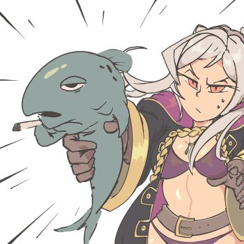 bikini bikini_under_clothes cigarette davewaterfalls female_robin_(fire_emblem) female_robin_(seaside_tactician)_(fire_emblem) fire_emblem fire_emblem_awakening fire_emblem_heroes fish nintendo official_alternate_costume robe simple_background smoking sweat swimsuit twintails white_hair yellow_eyes