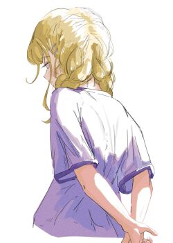 1girl arms_behind_back blonde_hair braid closed_mouth commentary cropped_torso from_behind fujita_kotone gakuen_idolmaster hair_ornament hairclip highres idolmaster long_hair looking_down o_shiki parallel_hairclips shirt short_sleeves simple_background solo t-shirt twin_braids twintails upper_body v_arms white_background white_shirt