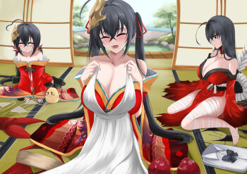 Rule 34 | absurdres, ahoge, azur lane, bandaged leg, bandages, bikini, black hair, blush, breasts, cleavage, closed eyes, dress, embarrassed, hair between eyes, hair ornament, highres, holding, holding unworn clothes, huge breasts, japanese clothes, kimono, manjuu (azur lane), off shoulder, open mouth, red eyes, red kimono, rope belt, school uniform, shigenohara kitoha, sidelocks, sitting, swimsuit, taihou-chan (azur lane), taihou (azur lane), taihou (meta) (azur lane), torn clothes, torn kimono, twintails, unworn clothes, wariza, wedding dress, white bikini