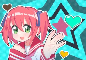 :d aqua_background blue_bow blush bow clenched_hand green_eyes hair_bow heart highres kamabata_kakaka kobayakawa_yutaka looking_at_viewer lucky_star neckerchief open_hand open_mouth pink_neckerchief red_hair red_sailor_collar ryouou_school_uniform sailor_collar school_uniform serafuku short_twintails smile star_(symbol) star_symbol_background twintails