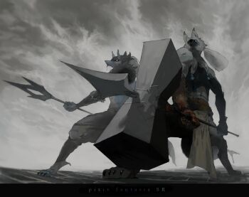 2boys black_fur blue_eyes body_fur claws commentary_request digitigrade full_body furry furry_male grey_fur holding holding_polearm holding_weapon horns male_focus multiple_boys nagabe original outdoors polearm solo standing tail weapon weapon_request white_eyes