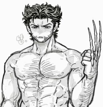 1boy abs arm_hair bara bone chest_hair claws clenched_hand dishing facial_hair greyscale large_pectorals male_focus marvel monochrome muscular muscular_male nipples open_mouth pectorals short_hair solo teeth topless_male v-shaped_eyebrows veins veiny_arms wolverine_(x-men) x-men x-men:_days_of_future_past x-men_film_series