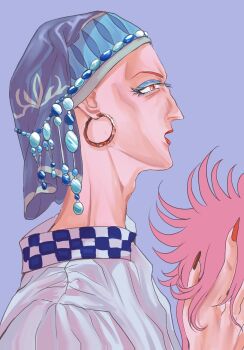 Rule 34 | 1boy, alternate costume, blue eyeshadow, blue headscarf, cancer deathtoll, casual, commentary request, crossdressing, crossdressing (mtf), earrings, eyelashes, eyeshadow, fingernails, from side, girly boy, headscarf, highres, holding, holding wig, hoop earrings, jewelry, long fingernails, makeup, male focus, nail polish, neonbread, open mouth, red eyes, red nails, saint seiya, saint seiya: next dimension, sharp fingernails, solo, unworn wig, wig