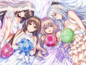 Rule 34 | 4girls, :d, amakano ~second season~, aqua eyes, bare shoulders, bead necklace, beads, black hair, blue eyes, blush, bouquet, breasts, bridal gauntlets, brown eyes, brown hair, cleavage, closed mouth, collarbone, commentary request, crossed bangs, dress, flower, grey hair, hair between eyes, holding, holding bouquet, ichinose honami (amakano), jewelry, kutsuno kanade, large breasts, long hair, long sidelocks, looking at viewer, looking to the side, lying, multiple girls, necklace, official art, on back, on side, open mouth, pink dress, pink hair, piromizu, see-through clothes, see-through veil, sidelocks, sideways glance, smile, suzurikawa euphrasie ruika, takayashiro yuzuka, veil, wedding dress, white bridal gauntlets, white dress