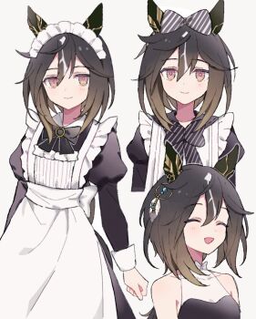 1girl ^_^ anaketsu animal_ears apron black_hair bow bowtie brown_hair closed_eyes commentary_request diagonal-striped_bow diagonal-striped_bowtie diagonal-striped_clothes ear_covers gradient_hair hair_between_eyes hair_bow highres horse_ears horse_girl juliet_sleeves long_sleeves maid_apron maid_headdress multicolored_hair multiple_views puffy_sleeves simple_background sleeve_cuffs stay_gold_(umamusume) striped_bow striped_bowtie striped_clothes umamusume white_apron white_background white_headdress