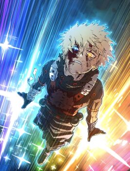 1boy bakugou_katsuki blonde_hair blue_eyes boku_no_hero_academia explosion green_pants green_shirt highres male_focus motion_lines pants rinnkedao_vaws shirt short_hair solo speed_lines yellow_eyes