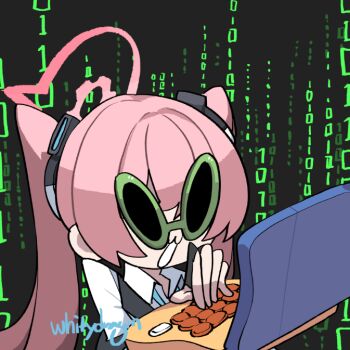 1girl :3 alien_sunglasses artist_name binary black_hackerman_(meme) blue_archive blue_archive_2025_hack computer halo holding holding_laptop koyuki_(blue_archive) laptop meme number_background parody pink_hair pink_halo solo sunglasses twintails typing whitydragon