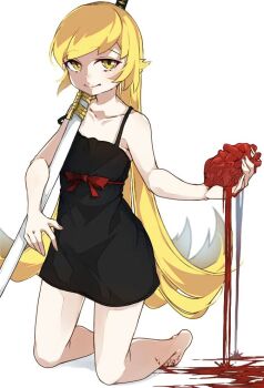 1girl arm_at_side bare_arms bare_legs bare_shoulders barefoot black_dress blonde_hair blood blood_on_feet blood_on_ground blurry blurry_background closed_mouth collarbone dress dress_ribbon flat_chest flipped_hair full_body gonza_(gonzares910) hair_between_eyes hair_flaps hand_up hashtag-only_commentary heart_(organ) holding holding_heart_(organ) kneeling long_hair looking_at_viewer monogatari_(series) oshino_shinobu over_shoulder red_ribbon ribbon ringed_eyes sheath sheathed sidelocks simple_background sleeveless sleeveless_dress smile solo sundress sword sword_over_shoulder very_long_hair weapon weapon_over_shoulder white_background yellow_eyes