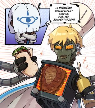 Rule 34 | 2boys, android, artist name, blonde hair, bottle, chef hat, commentary, dark-skinned male, dark skin, doner kebab, english commentary, english text, expressive hair, food, guilty gear, guilty gear strive, hair over face, hat, highres, holding, holding bottle, holding food, lips, long sleeves, meme, miyan (oceanmaiden), multiple boys, robo-ky, shawarmachine (meme), speech bubble, venom (guilty gear)