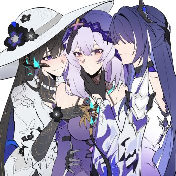 3girls absurdres acheron_(honkai:_star_rail) bead_necklace beads black_flower black_hair black_swan_(honkai:_star_rail) breasts claws commentary_request constance_(honkai:_star_rail) demon_horns detached_sleeves dress eclair_yuri flower gloves hair_between_eyes hair_ornament hand_on_another's_chest hand_on_another's_chin hat highres honkai:_star_rail honkai_(series) horns jewelry large_breasts long_hair multicolored_hair multiple_girls necklace purple_eyes purple_hair streaked_hair sun_hat veil yellow_eyes yuri