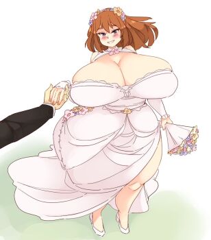 1boy 1girl aged_up bandana blue_eyes blush bouquet breasts brown_hair cleavage curvy dress female_focus flower full_body gigantic_breasts holding_hands looking_at_viewer may_(pokemon) nintendo pokemon rtil short_hair skindentation speech_bubble thick_thighs thighs wedding_dress wide_hips
