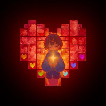 1other absurdres ahoge alphys animal annoying_dog asgore_dreemurr asriel_dreemurr backlighting black_background black_shorts blue_soul_(undertale) blue_sweater brothers brown_hair chara_(undertale) child closed_eyes closed_mouth commentary cowboy_shot cupping_hands cyan_soul_(undertale) dog double-parted_bangs dual_persona english_commentary facing_viewer father_and_son film_grain flowey_(undertale) glowing green_soul_(undertale) hair_between_eyes highres kiriyume light_smile long_sleeves mettaton mettaton_(box) mettaton_ex mother_and_son orange_soul_(undertale) other_focus own_hands_together papyrus_(undertale) pink_sweater puffy_long_sleeves puffy_sleeves purple_soul_(undertale) sans_(undertale) short_hair short_shorts shorts siblings simple_background solo soul_(deltarune) sparkle standing straight-on striped_clothes striped_sweater sweater temmie toriel turtleneck turtleneck_sweater twitter_username two-tone_sweater undertale undyne utdr_(toby_fox) yellow_soul_(undertale)