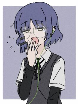Rule 34 | 1girl, alternate costume, asymmetrical hair, black ribbon, blue background, blue hair, bocchi the rock!, collared shirt, commentary, covering own mouth, ear piercing, earbuds, earphones, english commentary, film grain, glasses, grey sweater vest, hand over own mouth, highres, layered sleeves, long sleeves, medium hair, neck ribbon, no pupils, open mouth, piercing, ribbon, round eyewear, shirt, short over long sleeves, short sleeves, simple background, solo, standing, sweater vest, tearing up, upper body, white shirt, yamada ryo, yawning, yellow eyes, ymdy918