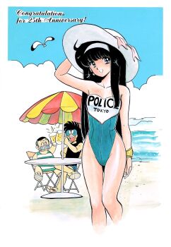 1girl 2boys alcohol aqua_one-piece_swimsuit arm_up at_lady! automatic-tec_7 beach beer beer_mug bird black_hair black_tank_top blue_eyes blue_shorts blue_sky border bracer breasts chair character_request clothes_writing cloud commentary_request cup facial_hair flying folding_chair green_shorts green_tank_top hairband hand_on_headwear hat highleg highleg_one-piece_swimsuit highres holding holding_cup long_hair looking_at_viewer mug multiple_boys mustache ocean official_art okano_takeshi one-piece_swimsuit open_mouth parasol police sandals seagull short_hair shorts sitting sky small_breasts smile standing strapless strapless_one-piece_swimsuit striped_clothes striped_shorts striped_tank_top sun_hat sunglasses swimsuit table tank_top umbrella white_border white_hairband