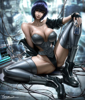 1girl black_gloves breasts computer_keyboard fingerless_gloves ghost_in_the_shell gloves gluteal_fold high_heels kusanagi_motoko leotard looking_at_viewer monitor open_clothes silver_leotard solo strapless strapless_leotard thick_thighs thighhighs thighs wire yichimo